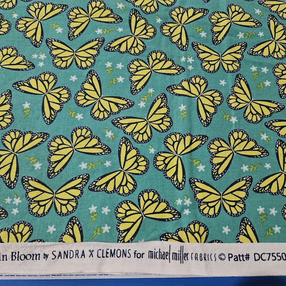 Yellow Butterfly Cotton Print on Teal Background By The Yard - Picture 3 of 3
